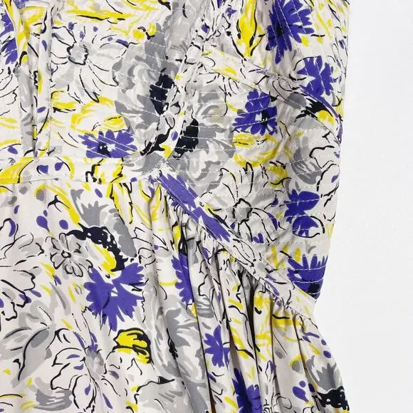 Parker Small S Gray Purple Yellow Silk Floral Dress Sweetheart Neckline Zip Back - Picture 5 of 12
